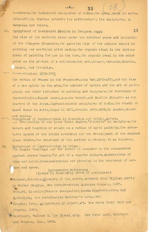 Typewritten document. Syllabus with the following sections: “Background of Luministic Realism in Tokugawa Japan”, “Impressionism: 1870-1885”, “Background of Impressionism in Byzantium and Gothic Europe”, and “Background of Impressionism in Islam”. “Recommended References” conclude the document.