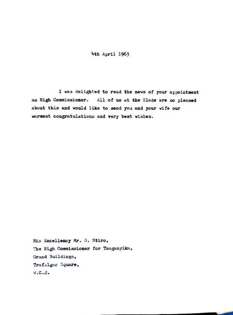 Typewritten letter reads, “I was delighted to read the news of your appointment as High Commissioner. All of us at the Slade are so pleased about this and would like to send you and your wife our warmest congratulations and very best wishes”.