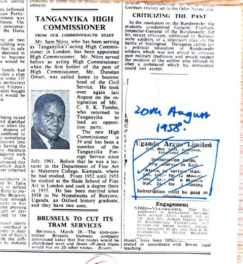 Newspaper clippings. One clipping is titled “Tanganyika High Commissioner” and is illustrated with an inset photograph of Sam Nitro. The other clipping is hand-dated and announces Nitro’s engagement to Evangeline Sarah, though the rest of her full name is not legible.
