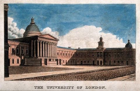 Print. An L-shaped red brick building stretches away from us in this hand-coloured engraving. A row of columns holds up a triangular pediment to our left, in front of a dome. The horizon is lined with puffy white clouds under a bright blue sky. Text below reads, “The University of London”.