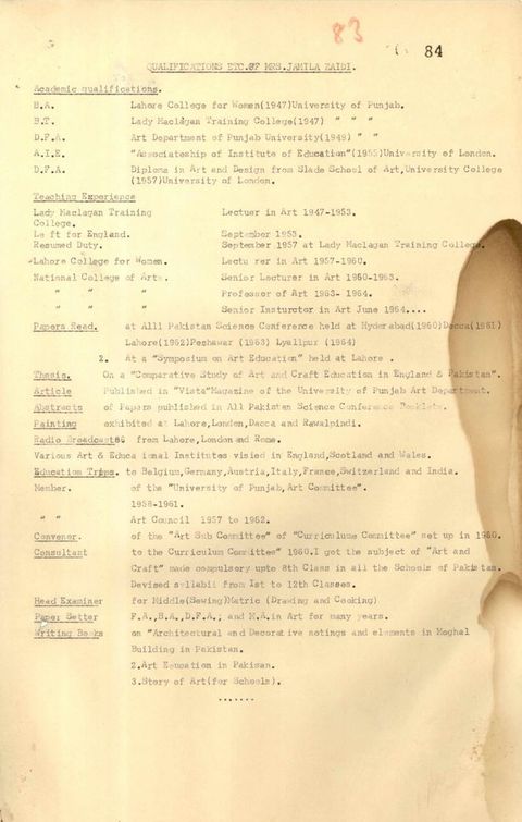 Typewritten document. The title “Qualifications Etc. of Mrs. Jamila Zaidi” is followed by sections for “Academic qualifications”, “Teaching Experience”, “Papers Read”, and other academic details.