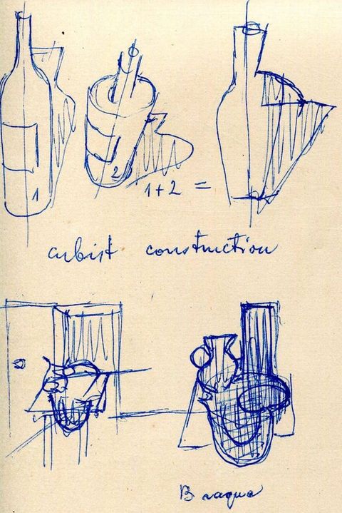 Drawing. Several sketches of still life objects are in blue pen on cream-white paper. Two wine bottles are drawn from two different angles and numbered 1 and 2. A note from the artist referring to the two views of the bottle reads “1+2=”. More still life objects are sketched below.