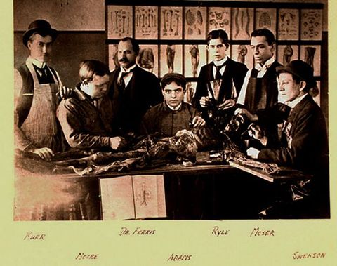 Black and white photograph. Seven men gather around a skeletal cadaver on a table. The arm we can see is stretched along a board. The wall behind the group is hung with diagrams and illustrations. The individuals are labelled in handwriting under the photograph: Burr, Moore, Dr. Ferris, Adams, Ryle, Moser, and Swenson.